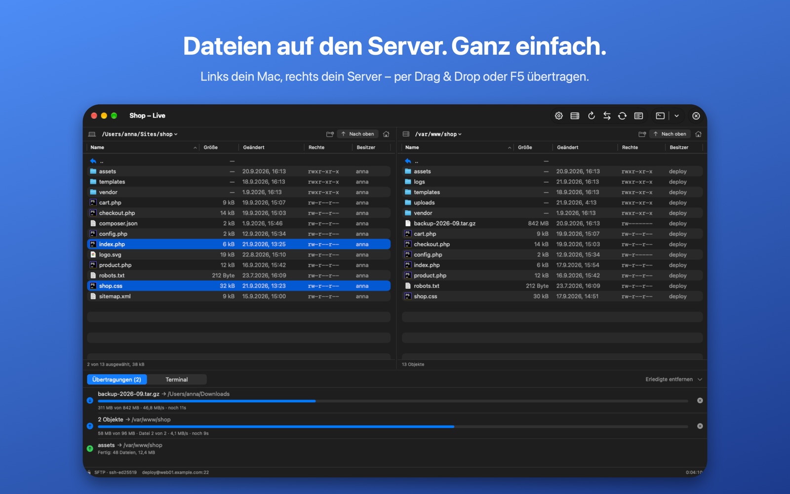 Zwei Dateilisten mit Übertragungen