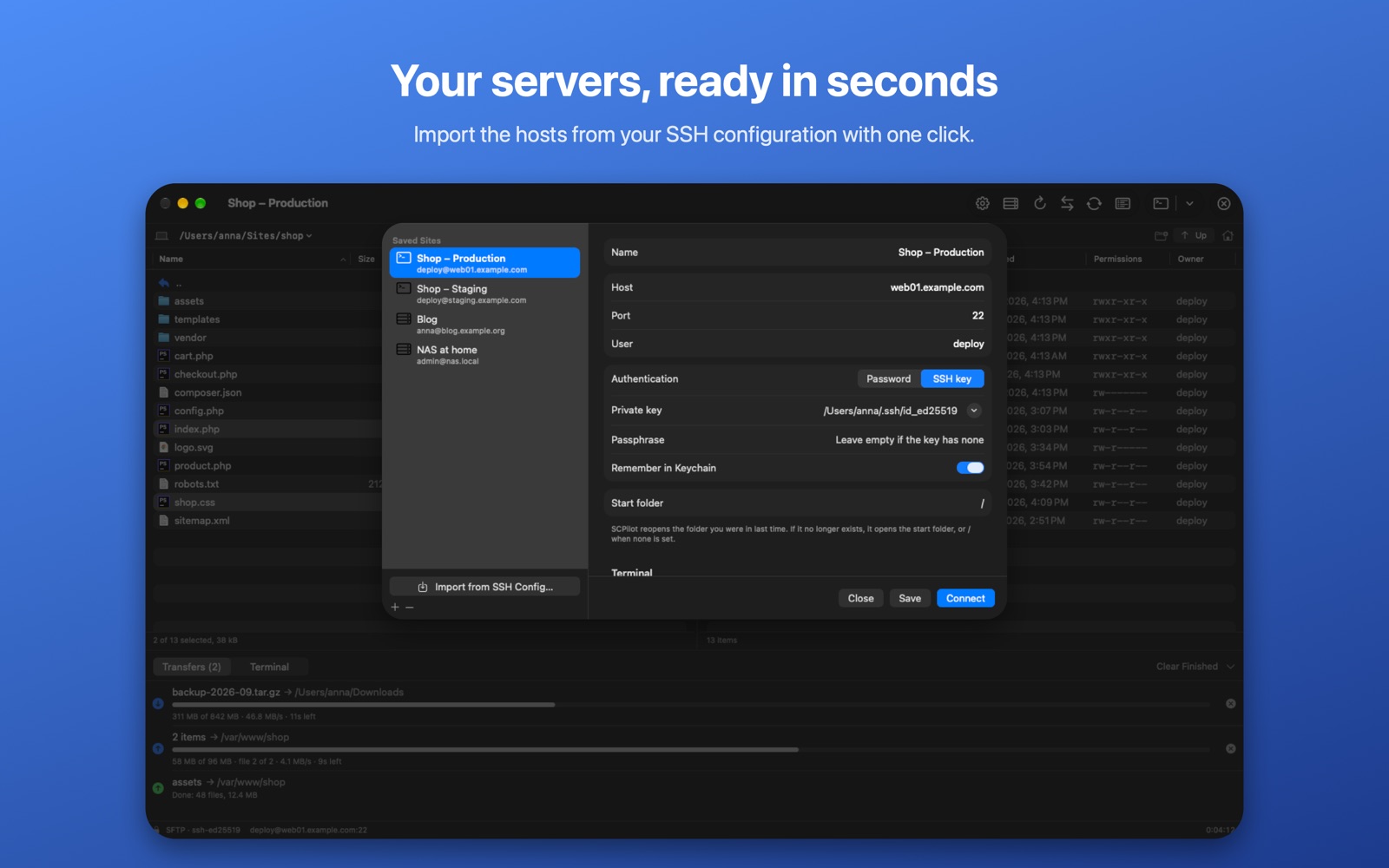 Saved connections imported from the SSH configuration