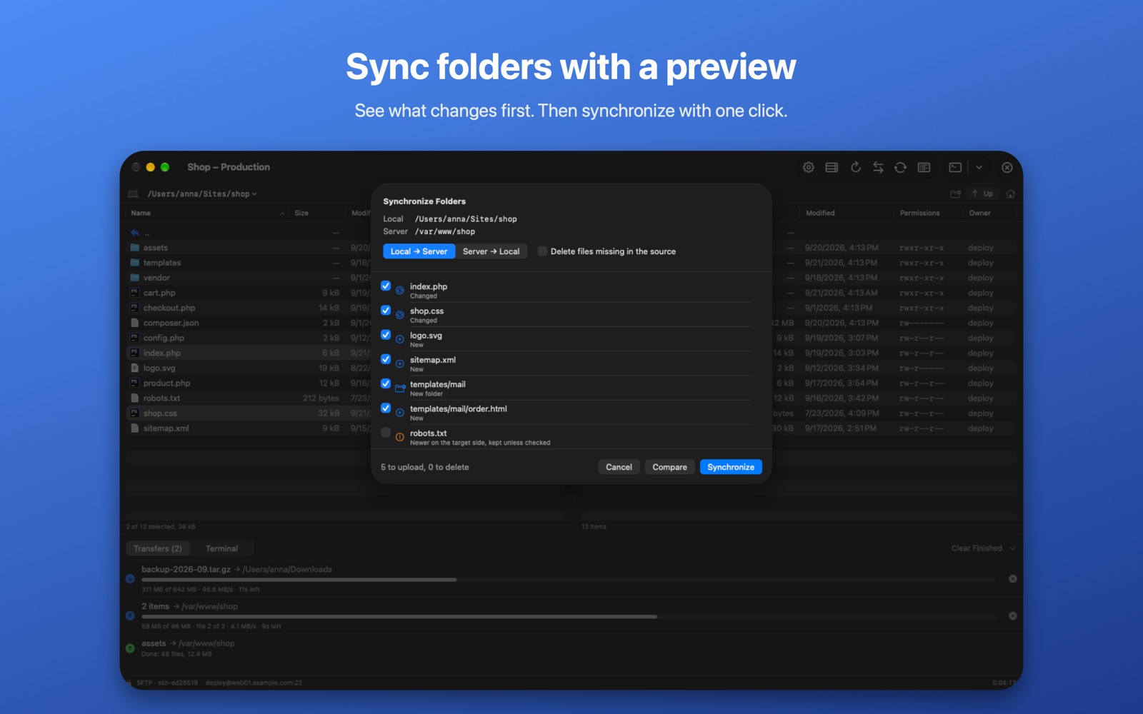 Folder synchronization with a preview